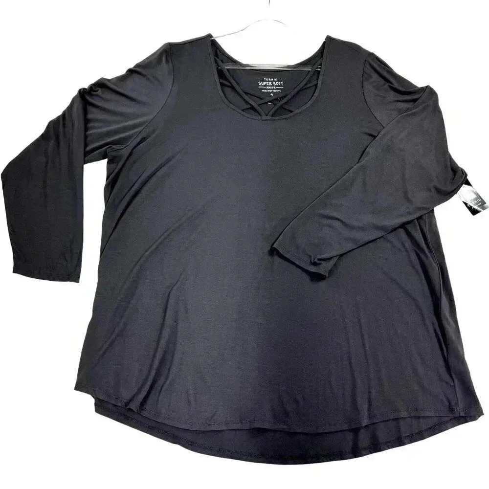 Torrid Sz 4 Super Soft Knit Long Sleeve Criss Cross Strappy Neck Tunic Top Gray